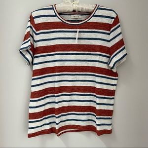 Madewell burnt orange and navy striped tee.